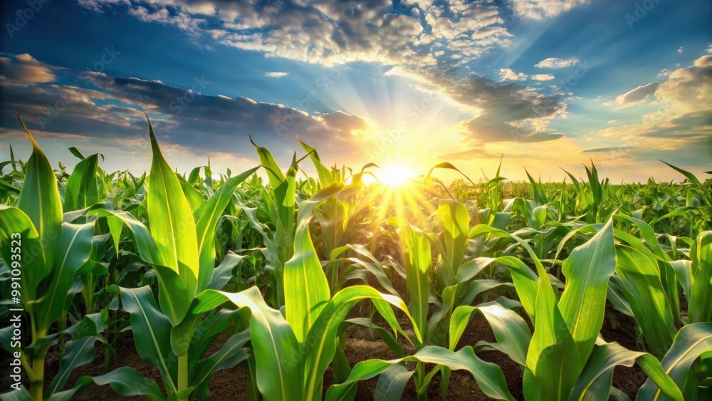 Obraz premium Sunlight shining through vibrant green corn maize crops in a cultivated field , agriculture, farm, food, growth, summer, harvest