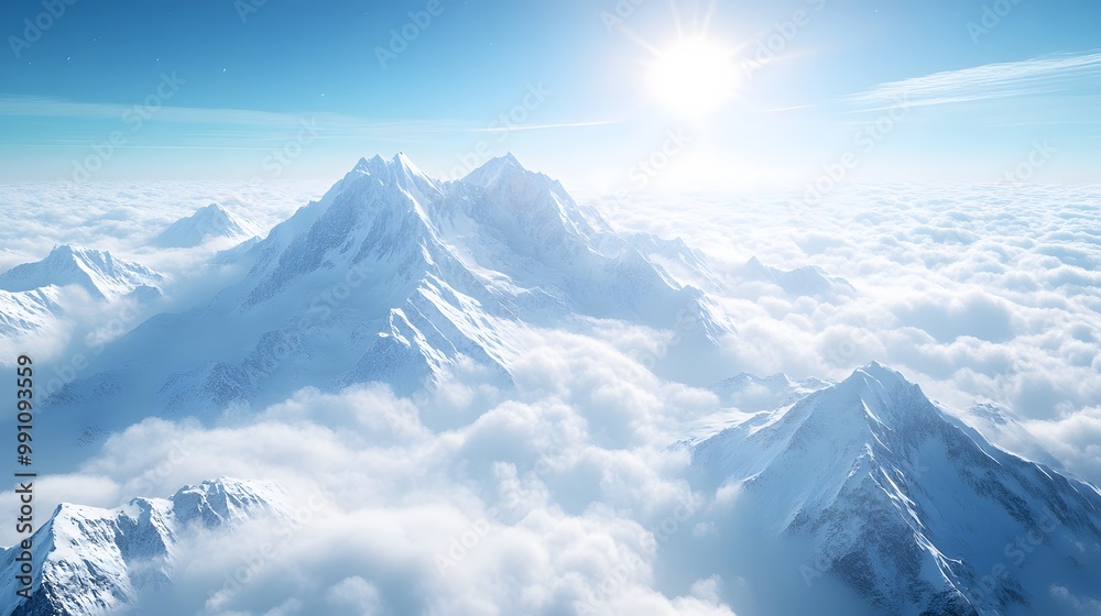 Majestic snow-capped mountains rise through a sea of clouds with bright sunburst and azure sky, presenting a dramatic alpine winter scene with pristine snow and ethereal atmosphere. Majestic snow-capped mountains rise through a sea of clouds with bright sunburst and azure sky, presenting a dramatic alpine winter scene with pristine snow and ethereal atmosphere.