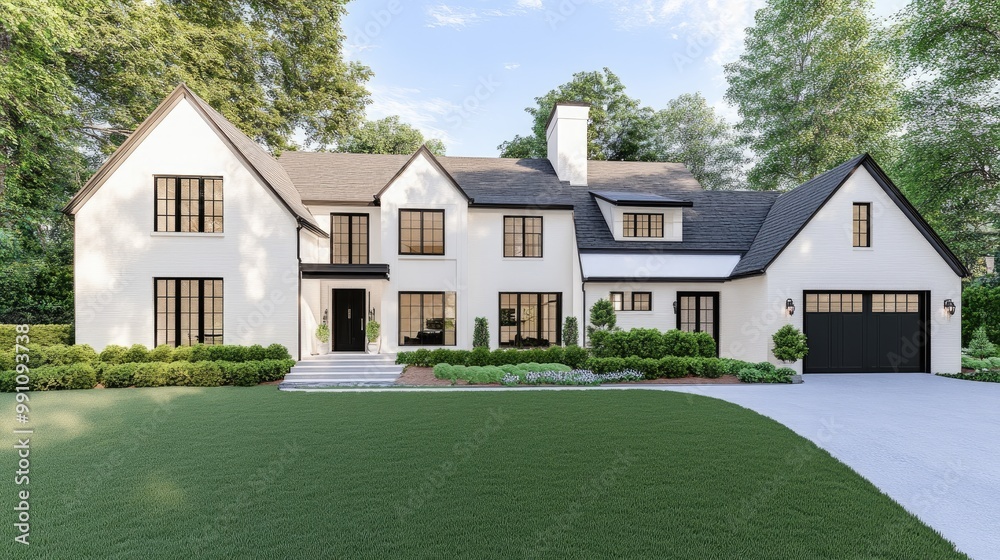 Obraz premium Experience the beauty of a stunning two-floor house in Bangkok, featuring cream-colored walls, black windows, and charming bushes at the entrance for a dreamlike welcome