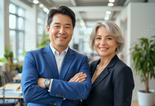 A portrait headshot photo of a two friendly professional CEO executive business workers colleagues engaged in professional conversation