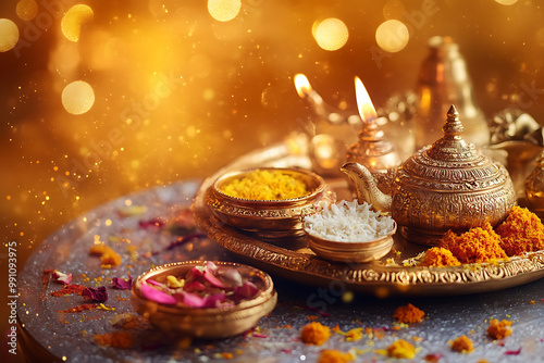 Karva Chauth background with traditional rituals, decorated thalis, and atmosphere photo