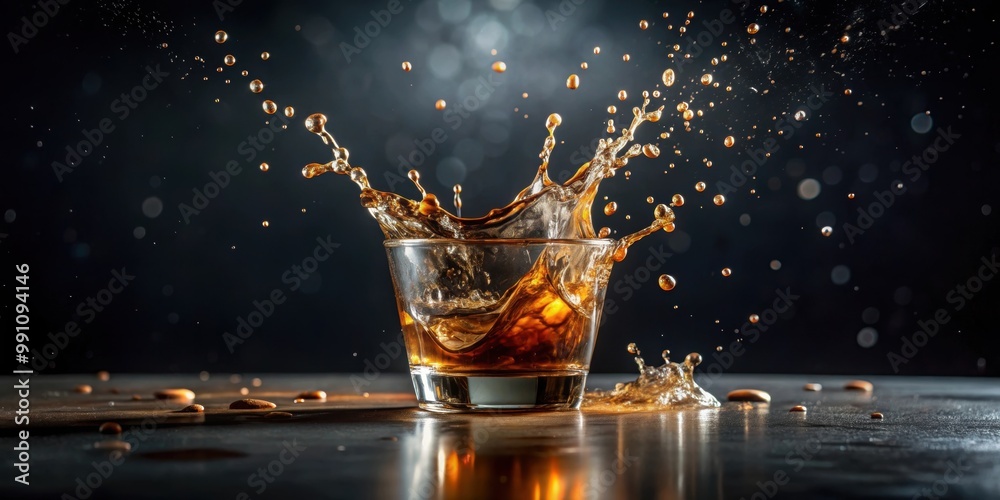 High-speed capture of a whiskey or coffee drop splashing in mid-air, splash, freeze motion, high-speed, whisky, beverage, liquid High-speed capture of a whiskey or coffee drop splashing in mid-air, splash, freeze motion, high-speed, whisky, beverage, liquid