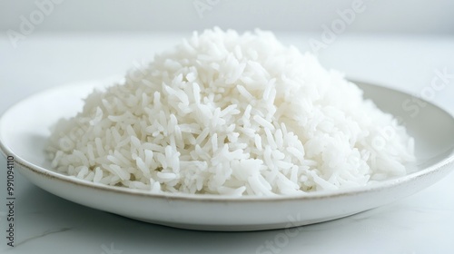 A close-up shot of perfectly cooked, fluffy white rice on a white plate with a clean, bright white background, emphasizing simplicity and texture.