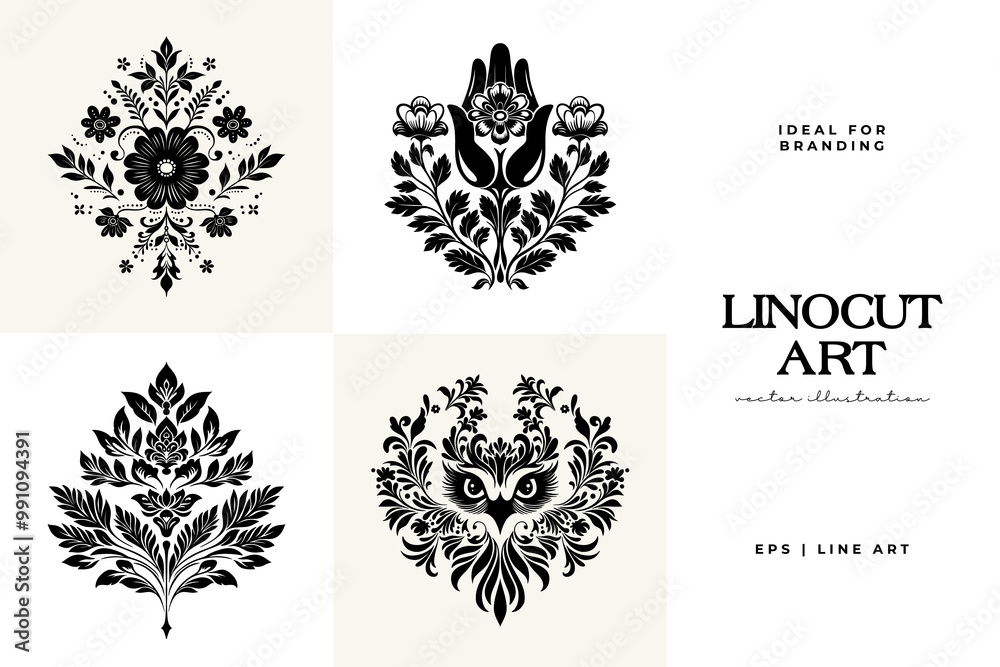 Abstract linocut flowers with magic, girls and mystical in ornate rural folk scandinavian style. Hand drawn Illustration, Linocut Blockprint. Abstract linocut flowers with magic, girls and mystical in ornate rural folk scandinavian style. Hand drawn Illustration, Linocut Blockprint.