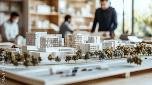 A close-up view of a miniature cityscape model, with trees and buildings, in a office with people working in the background.