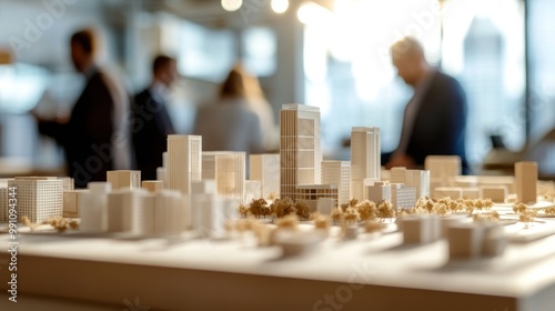 A miniature city model on display, with people in the background.