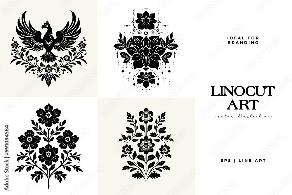 Abstract linocut flowers with magic, girls and mystical in ornate rural folk scandinavian style. Hand drawn Illustration, Linocut Blockprint. Abstract linocut flowers with magic, girls and mystical in ornate rural folk scandinavian style. Hand drawn Illustration, Linocut Blockprint.