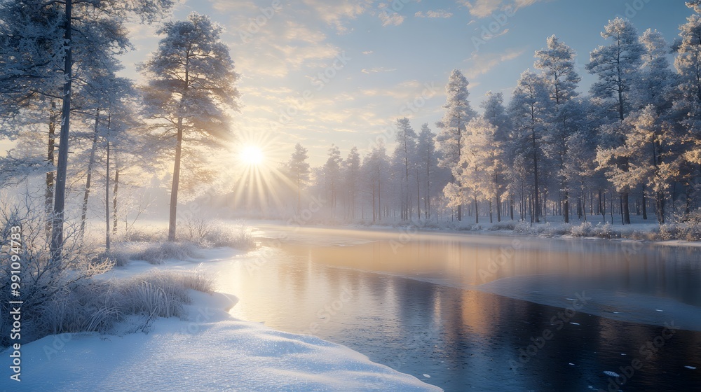 Serene winter landscape with a frozen lake and snow-covered forest, featuring frosted branches and sunburst through trees, creating a tranquil scene in crisp sunlight and misty atmosphere. Serene winter landscape with a frozen lake and snow-covered forest, featuring frosted branches and sunburst through trees, creating a tranquil scene in crisp sunlight and misty atmosphere.