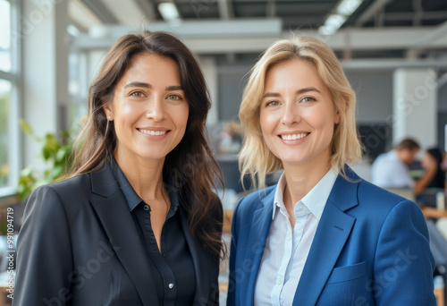 A portrait headshot photo of a two friendly professional CEO executive business workers colleagues engaged in professional conversation