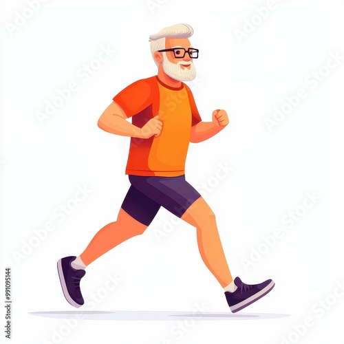 Senior man jogging, casual sportswear, cartoon style, playful expression, isolated on white background