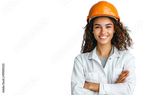 A woman wearing a white lab coat and an orange hard hat