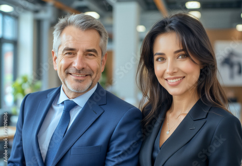 A portrait headshot photo of a two friendly professional CEO executive business workers colleagues engaged in professional conversation