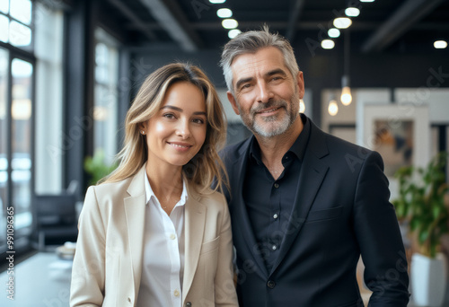 A portrait headshot photo of a two friendly professional CEO executive business workers colleagues engaged in professional conversation