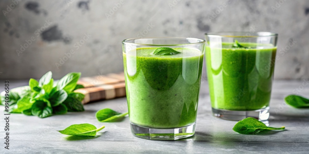 Two refreshing green smoothies served in clear glasses, healthy, drink, beverage, detox, organic, natural, fresh, blended Two refreshing green smoothies served in clear glasses, healthy, drink, beverage, detox, organic, natural, fresh, blended