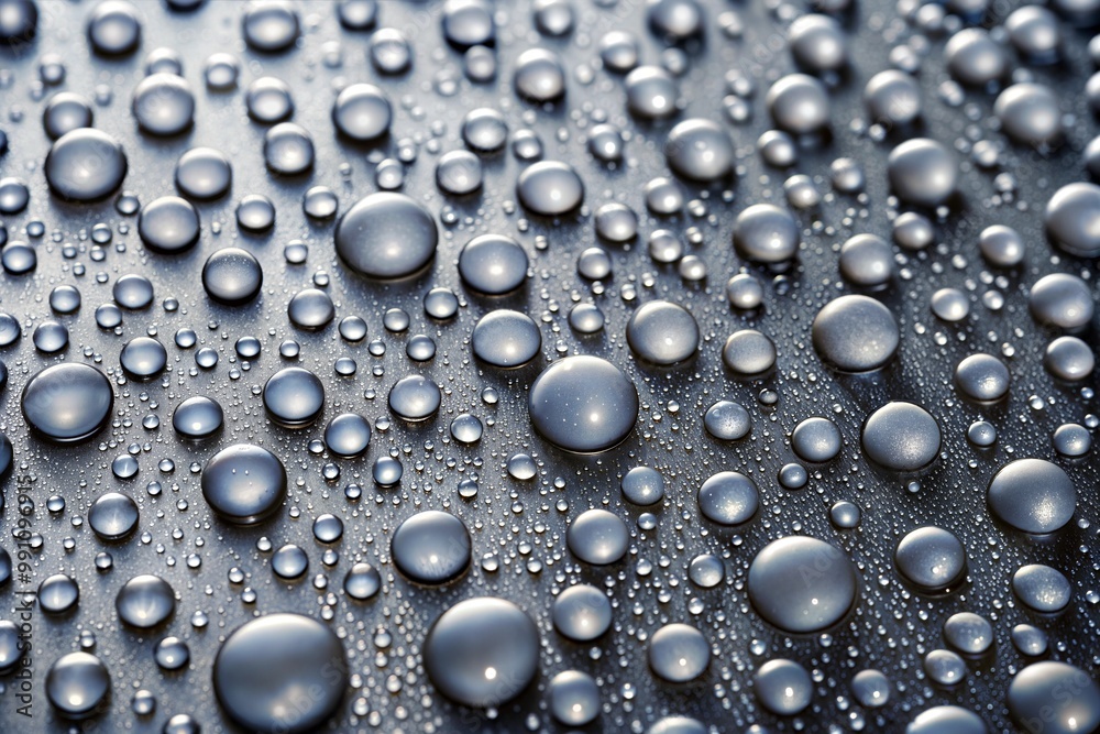 Macro shot of water droplets on glossy surface
