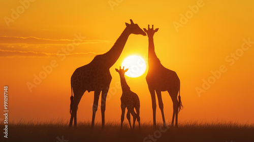 Giraffes family with cub stand in the savannah against the backdrop of the sunset.