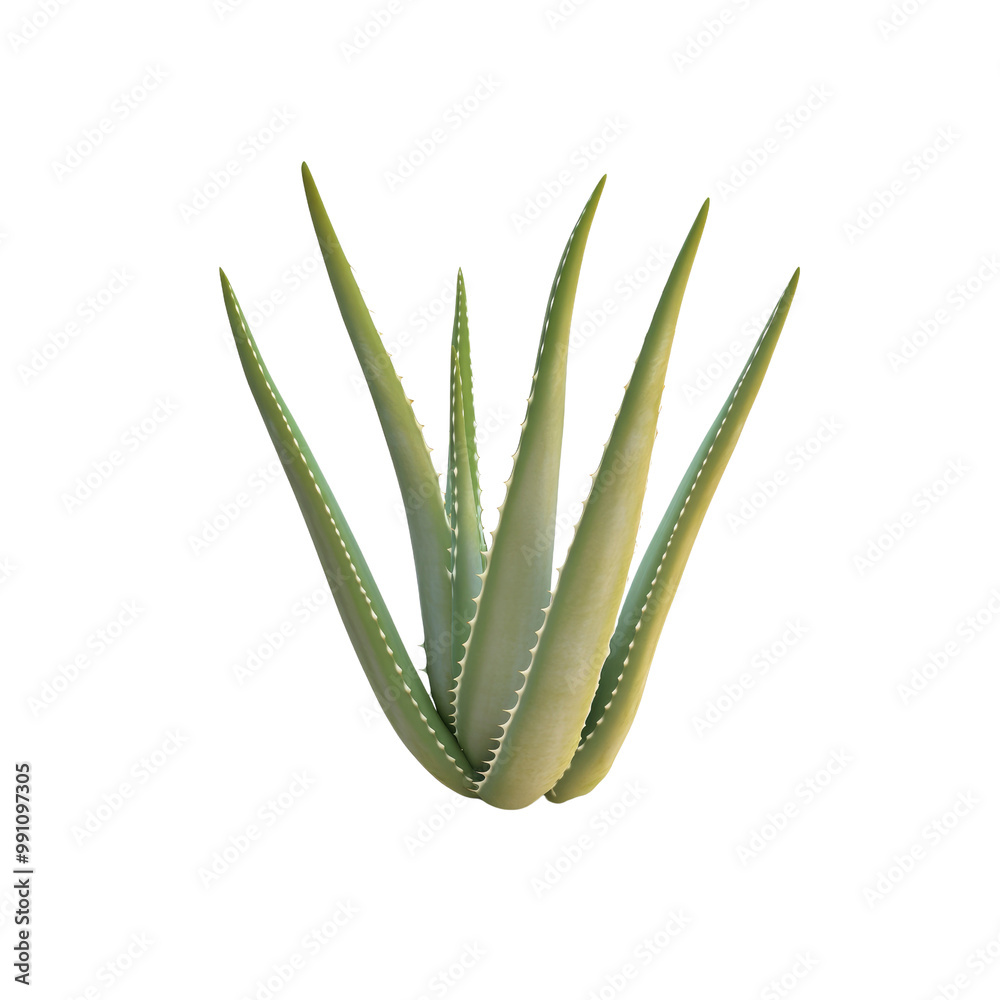 Aloe Vera Plant with Green Spiky Leaves Isolated on White Background