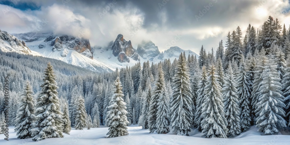 Φωτογραφία Snow-covered pine forest in the North Italy Dolomites under a gray sky, winter,