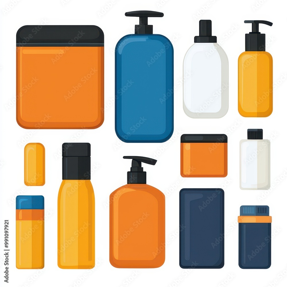 A travel toiletry kit, essential hygiene items, flat vector design, isolated on white background A travel toiletry kit, essential hygiene items, flat vector design, isolated on white background