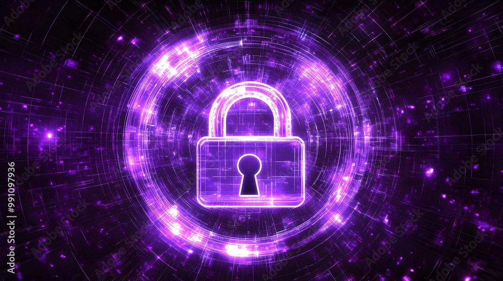 Digital lock icon with glowing purple effects on a dark background.