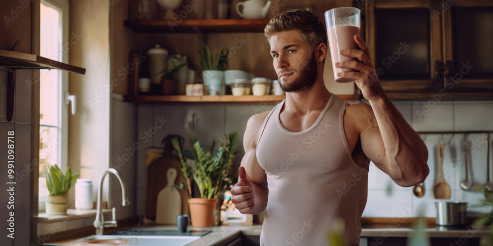 Photography Muscular man drink a protein milk shake in his kitchen after workout at the gym