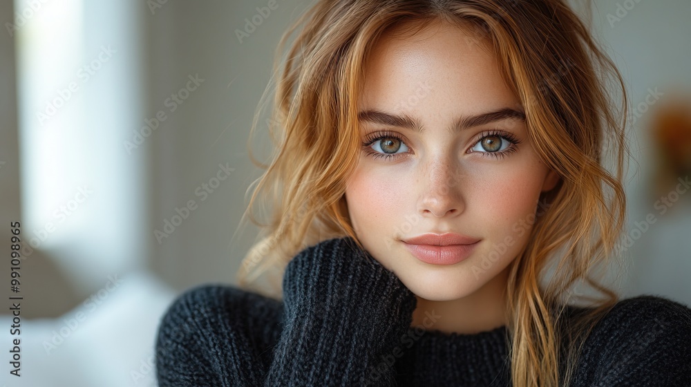 A beautiful girl models a black sweater, presented against a white background.