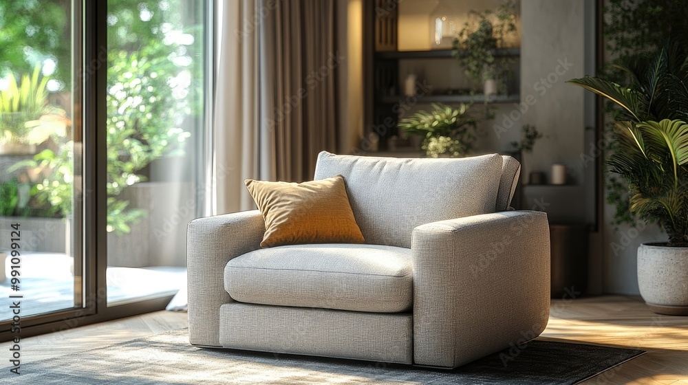 Fototapeta premium A modern armchair that folds out into a guest bed, placed in a cozy corner.