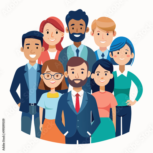 Diversity in the office, team members posing for a group photo, editable vector SVG