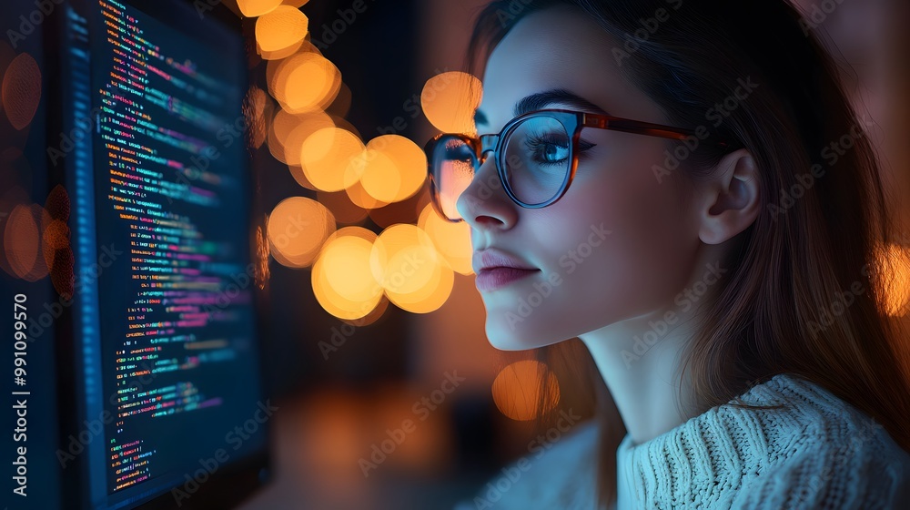 A woman in a white sweater and glasses works on a computer in a nighttime office, coding on a screen with warm bokeh lights and a focused expression in soft ambient lighting. A woman in a white sweater and glasses works on a computer in a nighttime office, coding on a screen with warm bokeh lights and a focused expression in soft ambient lighting.
