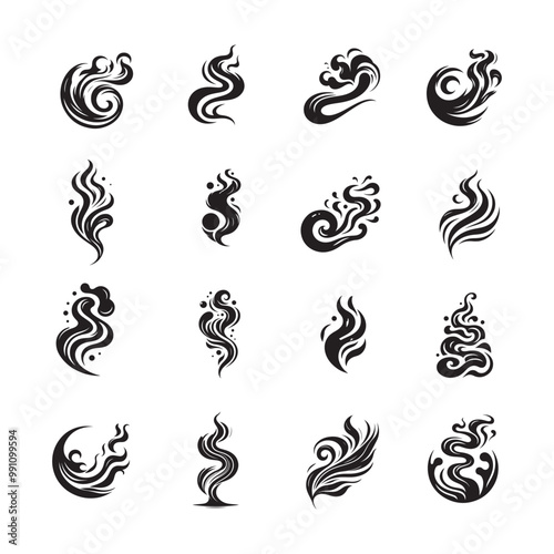 fluid smoke silhouette icon set, collection or bundle isolated on white background, creative and stylish smoke vector icon, logo style smoke or aroma 