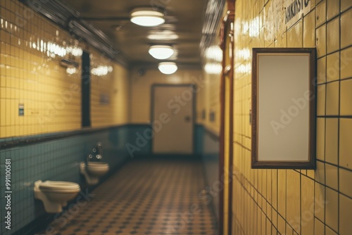 An Empty Bathroom Stall with a Blank Framed Advertisement photo