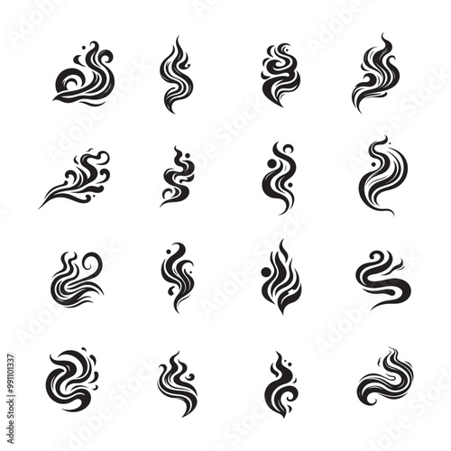 fluid smoke or fluid aroma silhouette icon set, collection or bundle isolated on white background, creative and stylish smoke or aroma vector icon, logo style smoke or aroma 