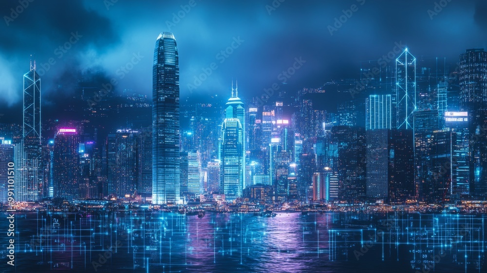 Smart network and Connection technology concept, Hong Kong digital city background at night in victoria harbour, Cyberpunk color style, Panorama view Smart network and Connection technology concept, Hong Kong digital city background at night in victoria harbour, Cyberpunk color style, Panorama view