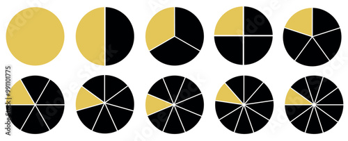 Segmented circle icons for infographic, data analysis, web design, ui or presentation. Pie chart infographic set. Circle diagram collection with sections or parts. Vector illustration Yellow and black