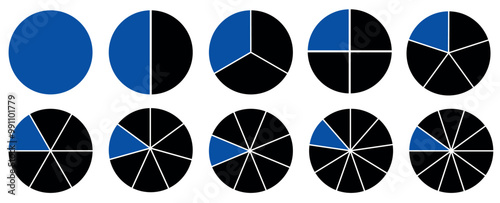 Segmented circle icons for infographic, data analysis, web design, ui or presentation. Pie chart infographic set. Circle diagram collection with sections or parts. Vector illustration. Blue and black