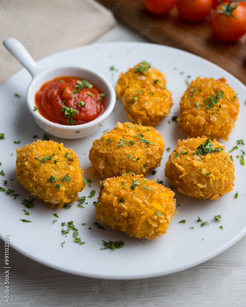 Homemade chicken nuggets with tomato sauce. Homemade chicken nuggets with tomato sauce.