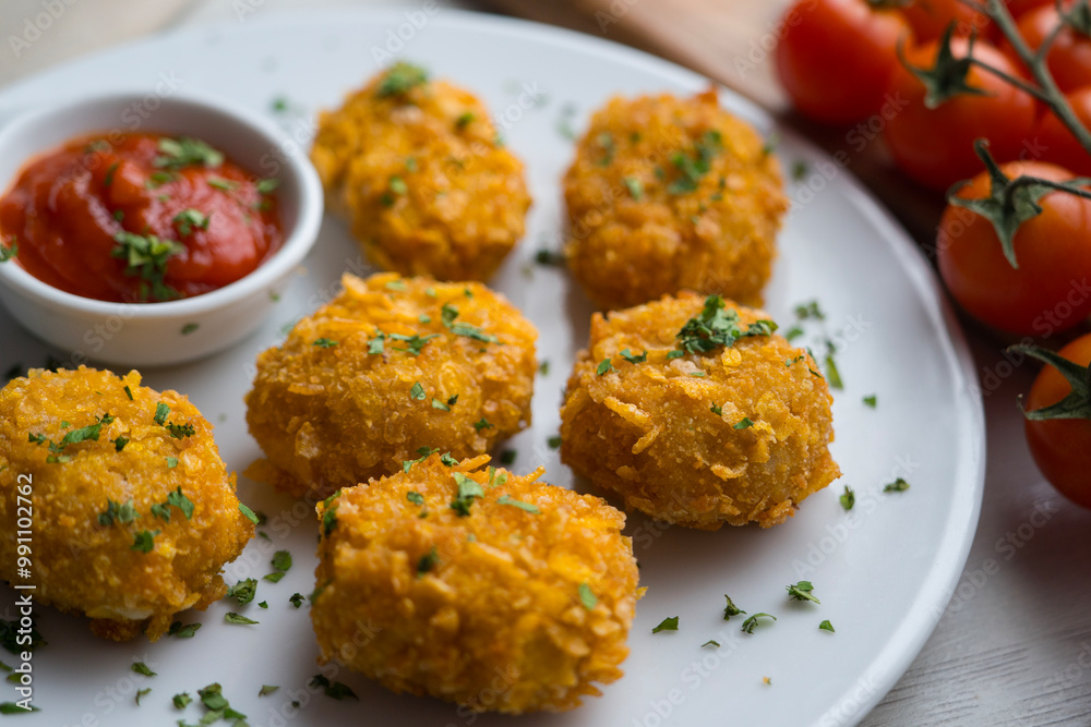 Homemade chicken nuggets with tomato sauce. Homemade chicken nuggets with tomato sauce.