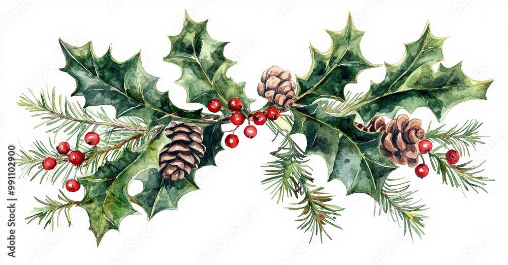 Isolated white background with hand drawn watercolor Holly berry and pine cone composition celebrating Christmas and New Year. Isolated white background with hand drawn watercolor Holly berry and pine cone composition celebrating Christmas and New Year.