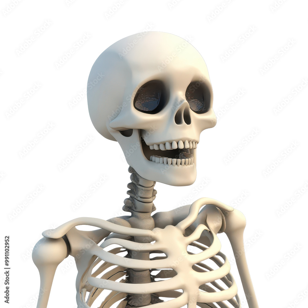 A cheerful 3D skeleton model showcasing its detailed structure and smiling face, perfect for educational or Halloween themes., isolated on a transparent background. A cheerful 3D skeleton model showcasing its detailed structure and smiling face, perfect for educational or Halloween themes., isolated on a transparent background.