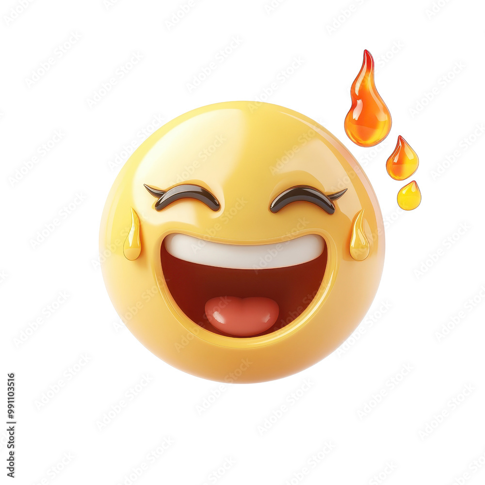 Fototapeta premium A cheerful emoji with a big smile and sweat drops, expressing joy and laughter. Perfect for adding humor to your projects., isolated on a transparent background.