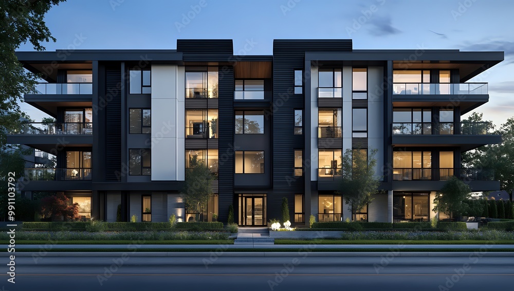 Modern apartment building with lit windows at dusk. Modern apartment building with lit windows at dusk.
