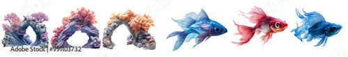 Colorful coral formations and vibrant goldfish create lively underwater scene, showcasing beauty of marine life and coral reefs. intricate details and bright colors evoke sense of wonder and