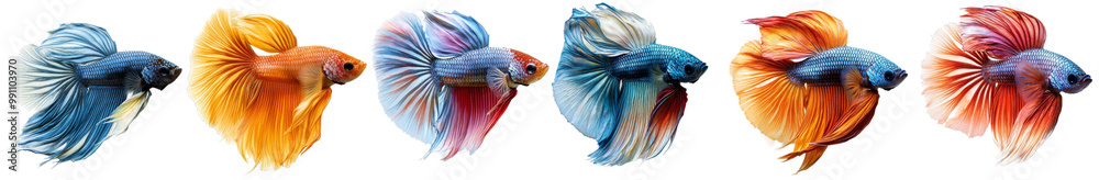 Fototapeta premium Vibrant betta fish display stunning array of colors and flowing fins, showcasing their beauty and grace in aquatic environment
