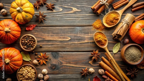 Vertical shot of various DIY ingredients for pumpkin spice, including cinnamon sticks, nutmeg, cloves