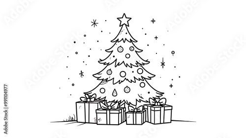 christmas tree sketch. Coloring page of a decorated Christmas tree with gifts. black and white illustration on white background. coloring book photo