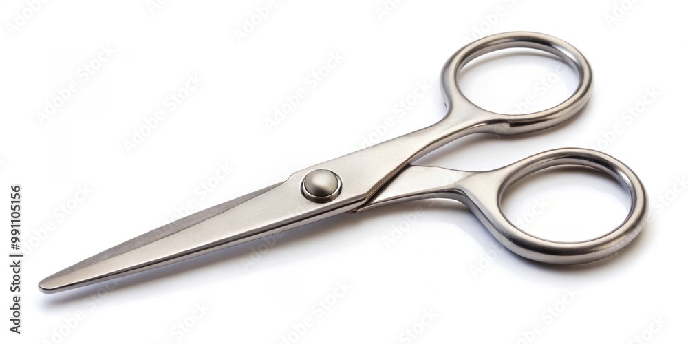 Obraz premium Close up of a pair of silver scissors on a white background, sharp, cutting tool, silver, object, office supplies