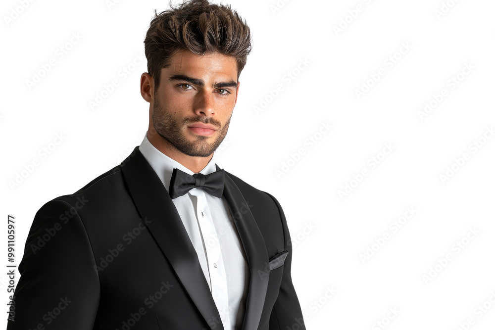 A man in a black suit and white shirt with a black bow tie A man in a black suit and white shirt with a black bow tie