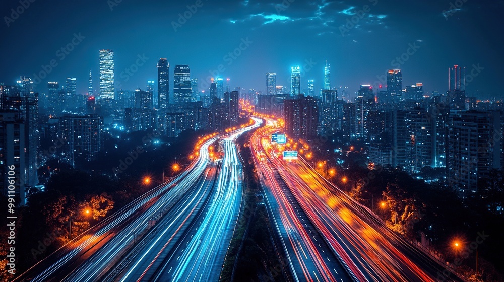 Fototapeta premium A city night scene illuminated by dynamic light trails.