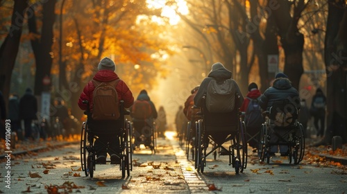 Community members in wheelchairs enjoying a golden autumn afternoon stroll through leaf-covered pathways. Generative AI