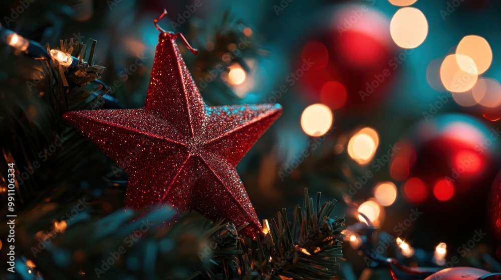 Close up of a sparkly red star ornament hanging on a Christmas tree with blurred lights in the background. Close up of a sparkly red star ornament hanging on a Christmas tree with blurred lights in the background.